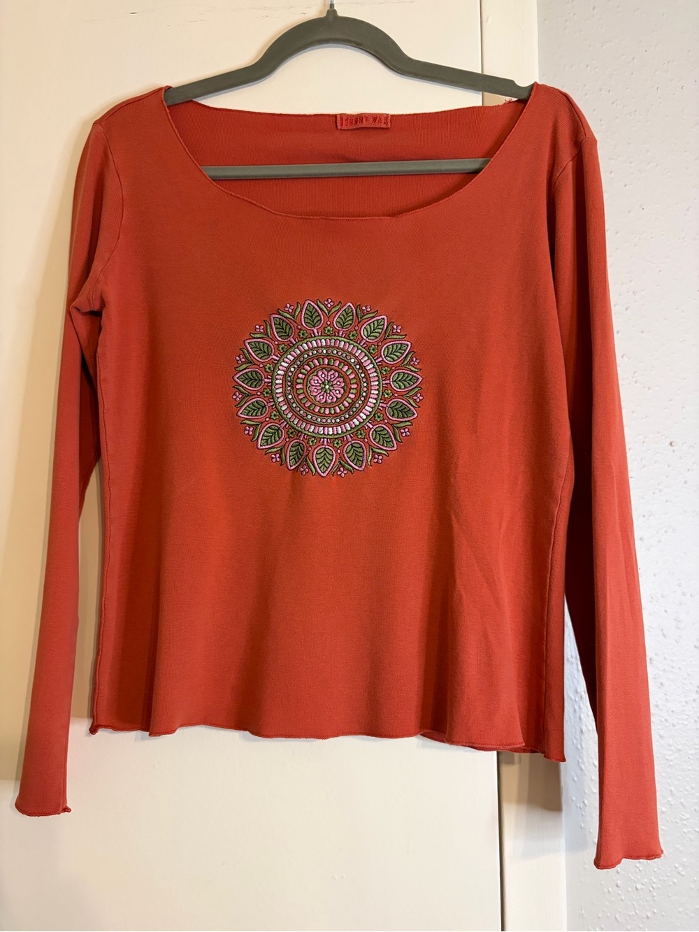 Johnny Was Rust Long-Sleeve Top with Green & Pink Mandala